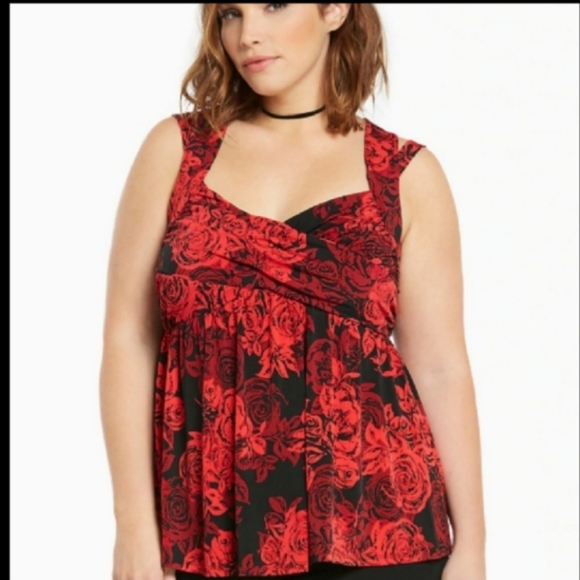 torrid Tops - Torrid red black rose criss cross back tank